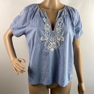 J. Crew blue embroidered short sleeve notch neck top blouse size S